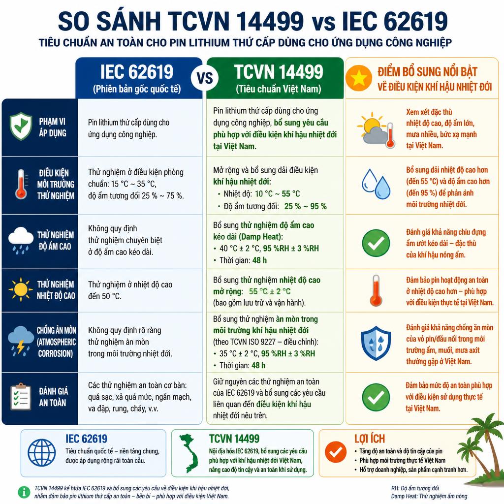 Bảng so sánh trực quan TCVN 14499 vs IEC 62619 dạng infographic, highlight điểm bổ sung về điều kiện khí hậu nhiệt đới, màu sắc rõ ràng
