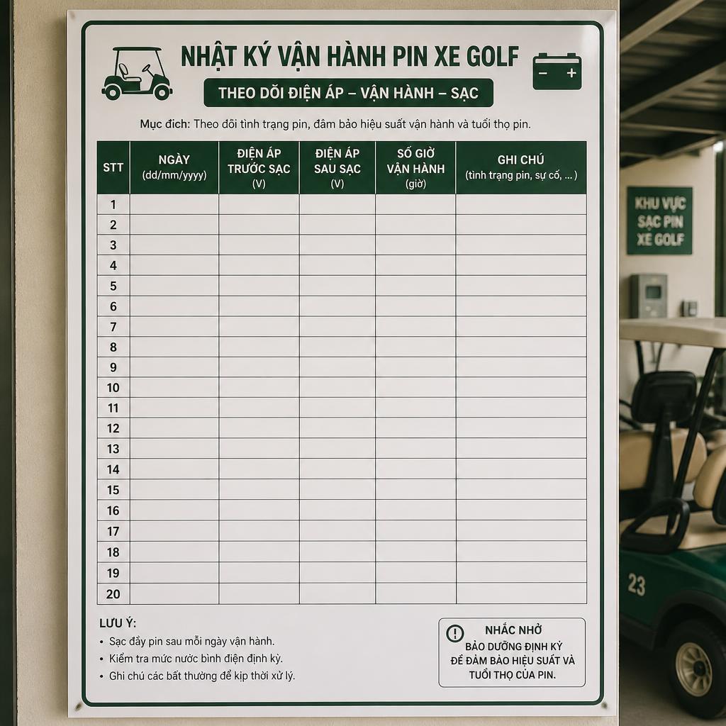 Bảng theo dõi nhật ký vận hành pin xe golf dạng bảng giấy hoặc bảng tính, ghi rõ ngày, điện áp trước sạc, điện áp sau sạc, số giờ vận hành, dán tại bãi sạc sân golf