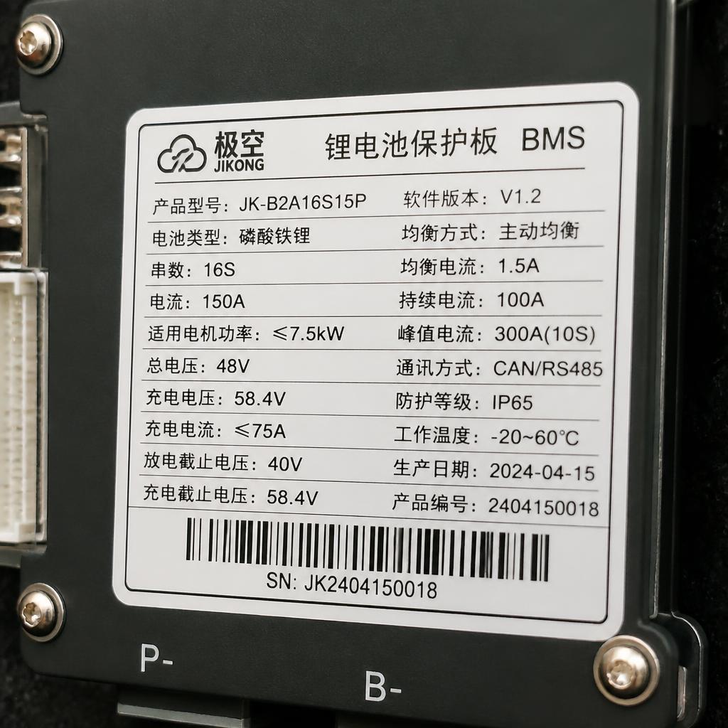 Bảng thông số BMS thực tế gắn trên pack pin 48V 16S cho xe nâng 1,5 tấn, góc chụp cận cảnh nhãn thông số kỹ thuật