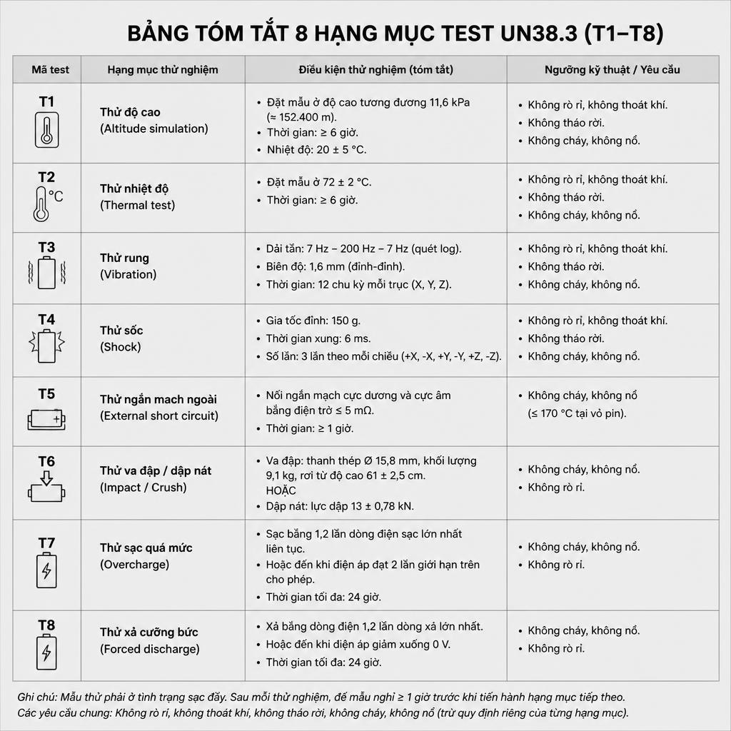 Bảng tóm tắt 8 hạng mục test UN38.3 (T1–T8) với điều kiện thử nghiệm và ngưỡng kỹ thuật, dạng bảng kỹ thuật nền xám nhạt, chữ tiếng Việt
