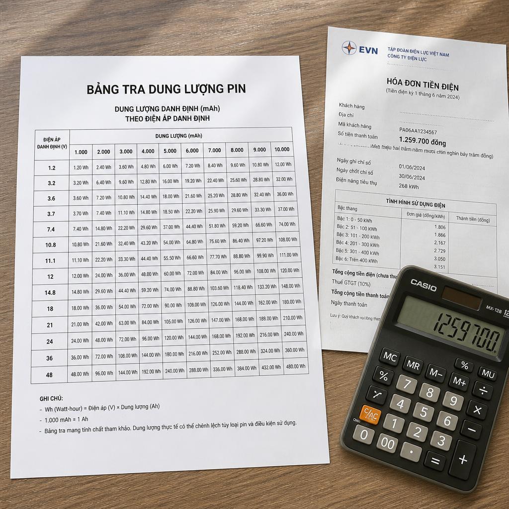 Bảng tra dung lượng pin in trên giấy A4 đặt cạnh hóa đơn điện và máy tính bỏ túi, góc chụp từ trên xuống, ánh sáng tự nhiên
