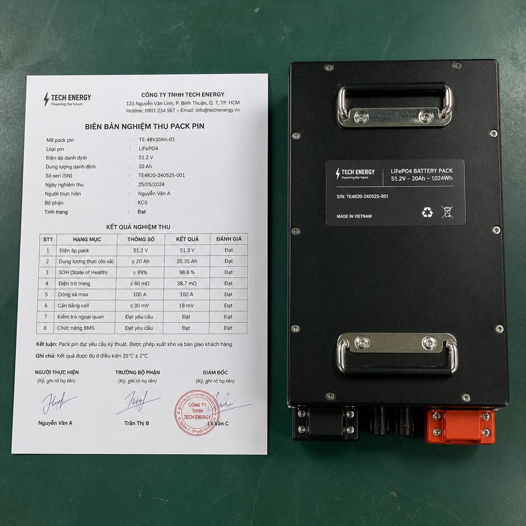 Biên bản nghiệm thu pack pin in số liệu SOH và dung lượng thực, đặt cạnh pack pin đã lắp ráp hoàn chỉnh, chụp từ góc trên xuống