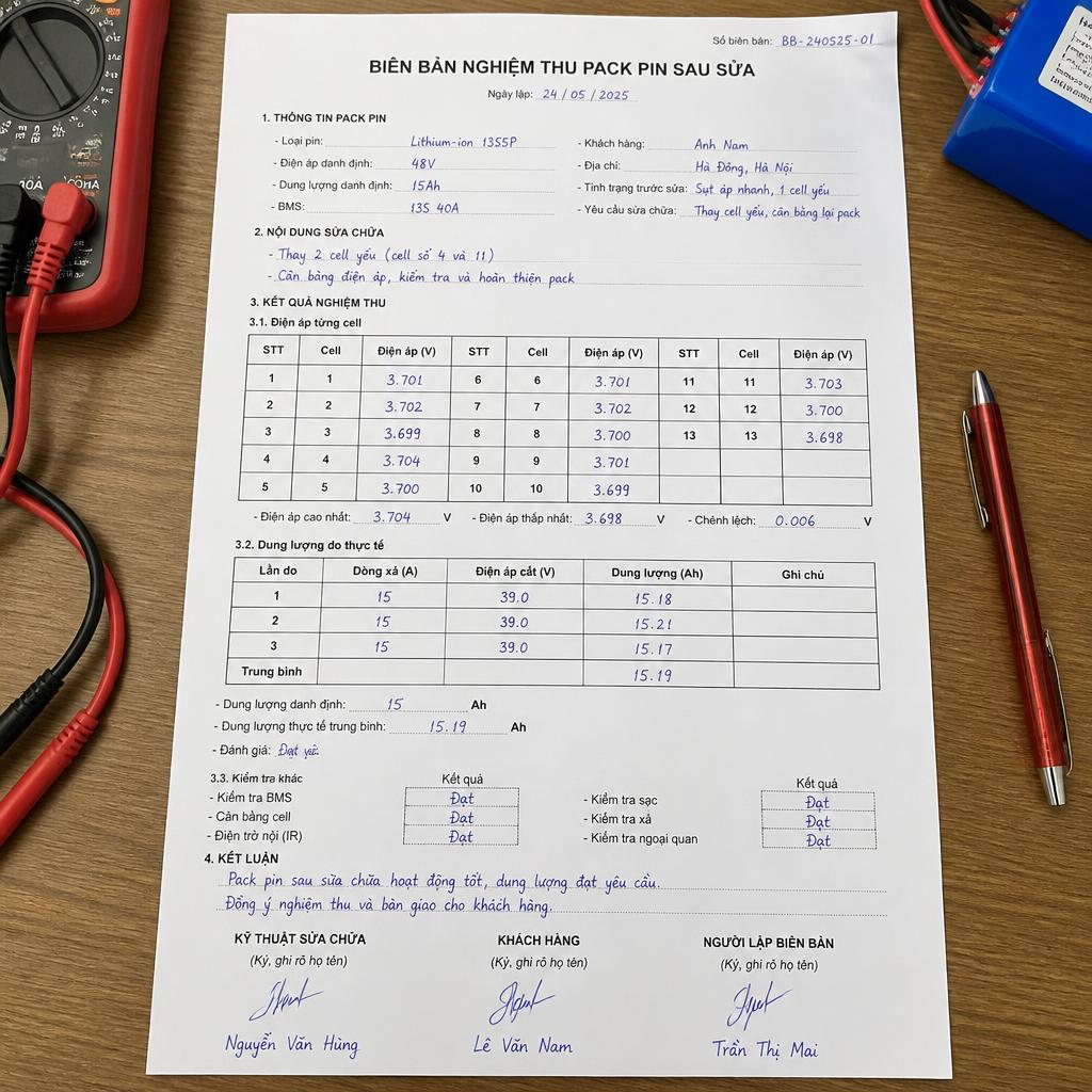Biên bản nghiệm thu pack pin sau sửa, hiển thị bảng điện áp từng cell và dung lượng đo thực tế, chụp từ góc trên xuống trên bàn làm việc