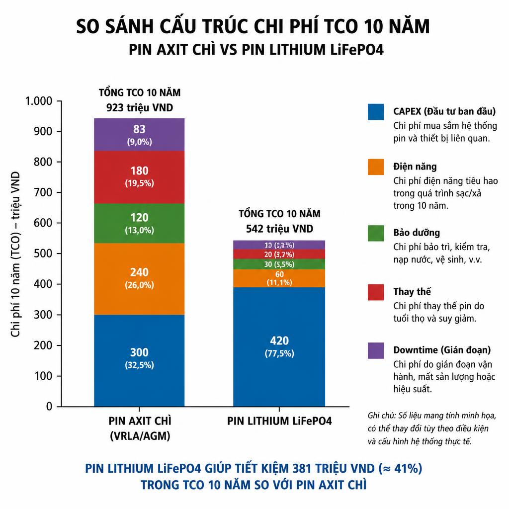 Biểu đồ cột so sánh cấu trúc chi phí TCO 10 năm giữa pin axit chì và pin lithium LiFePO4, chia theo 5 hạng mục: CAPEX, điện năng, bảo dưỡng, thay thế, downtime, nền trắng, chú thích tiếng Việt rõ ràng
