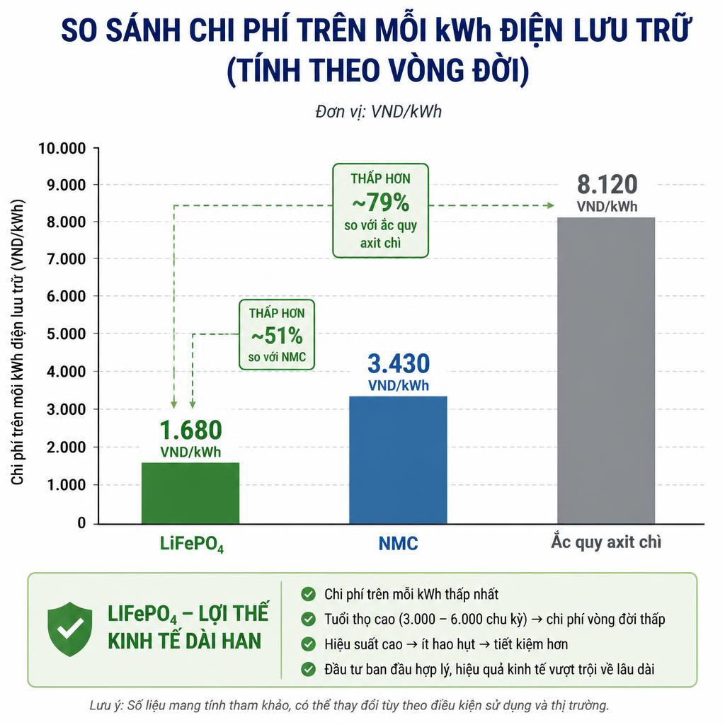 Biểu đồ cột so sánh chi phí trên mỗi kWh điện lưu trữ (tính theo vòng đời) giữa LiFePO4, NMC và ắc quy axit chì, đơn vị VND/kWh, thể hiện rõ lợi thế kinh tế dài hạn của LiFePO4