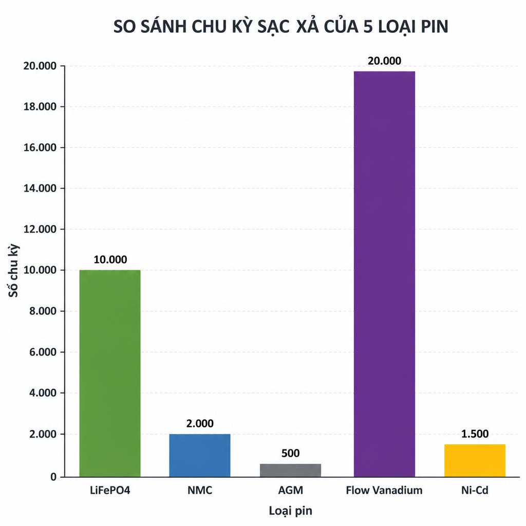 Biểu đồ cột so sánh chu kỳ sạc xả của 5 loại pin: LiFePO4, NMC, AGM, Flow Vanadium, Ni-Cd, trục Y là số chu kỳ, trục X là từng loại pin