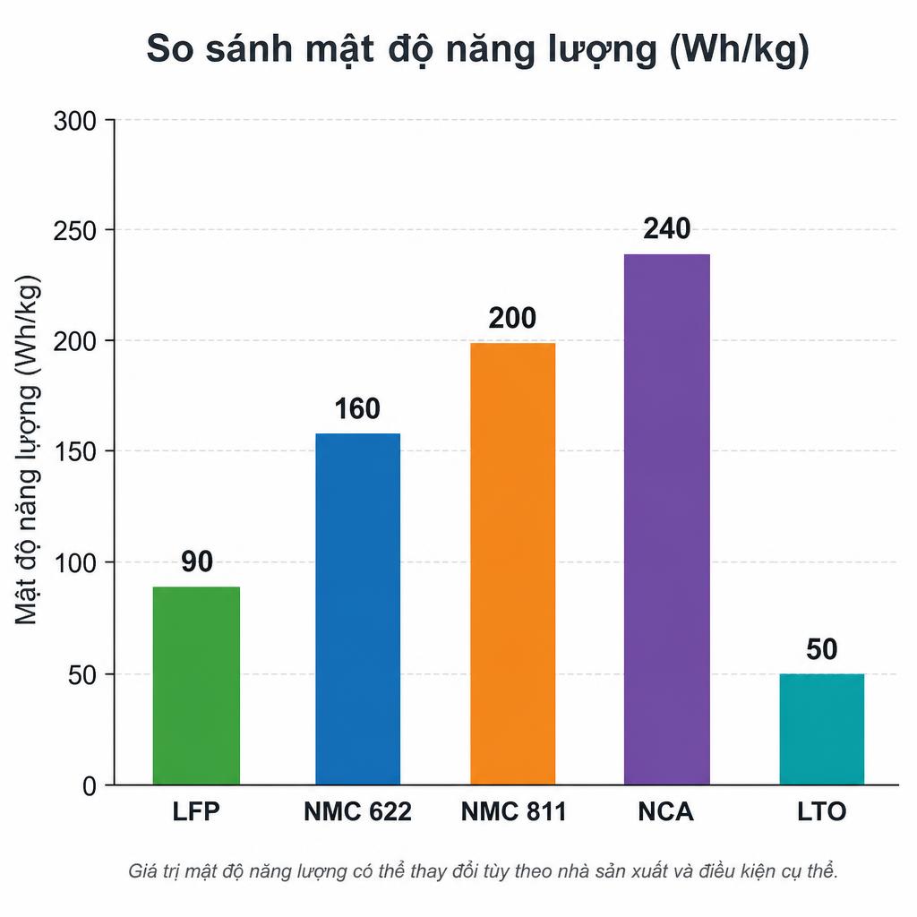 Biểu đồ cột so sánh mật độ năng lượng Wh/kg của LFP, NMC 622, NMC 811, NCA và LTO