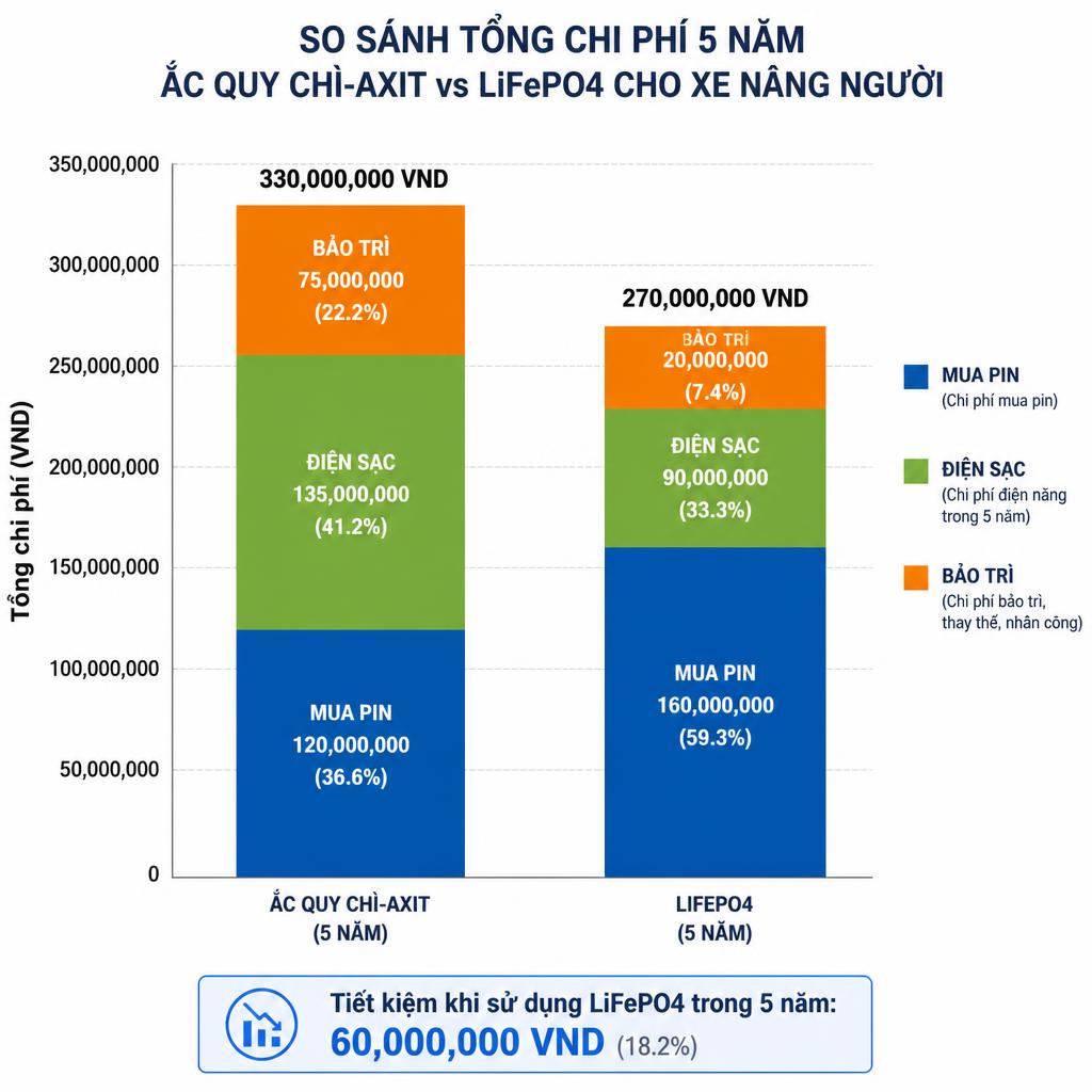 Biểu đồ cột so sánh tổng chi phí vòng đời 10 năm giữa ắc quy chì-axit và pin LiFePO4 cho một xe nâng, trục Y là triệu VNĐ, hai cột rõ ràng cho thấy chì-axit cao hơn từ 10 đến 23 triệu
