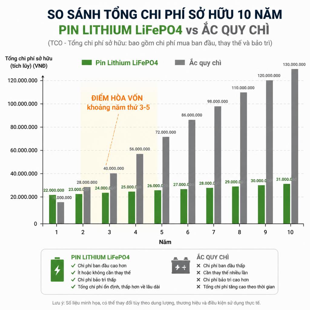 Biểu đồ cột so sánh tổng chi phí sở hữu 10 năm giữa pin lithium LiFePO4 và ắc quy chì, thể hiện rõ điểm hòa vốn khoảng năm thứ 3-5