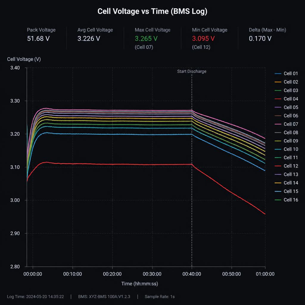 Biểu đồ điện áp cell theo thời gian từ log BMS, thể hiện cell lệch điện áp so với các cell còn lại trong pack, dạng line chart nền tối