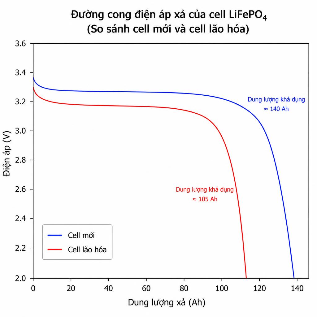 Biểu đồ đường cong điện áp xả của cell LiFePO4 so sánh cell mới và cell lão hóa, trục X là dung lượng xả (Ah), trục Y là điện áp (V), nền trắng rõ ràng