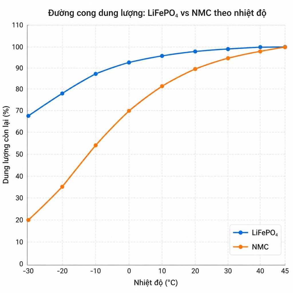 Biểu đồ đường cong dung lượng LiFePO4 vs NMC theo nhiệt độ từ -30°C đến +45°C, trục X là nhiệt độ, trục Y là % dung lượng còn lại, hai đường màu khác nhau