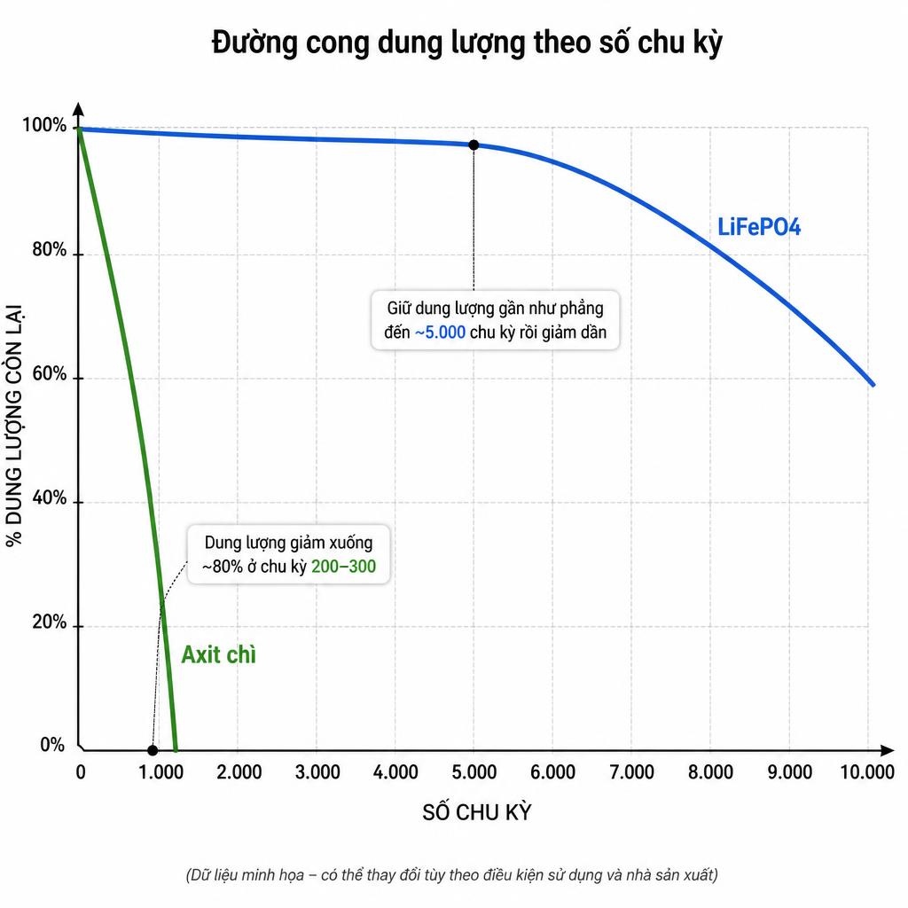 Biểu đồ đường cong dung lượng theo số chu kỳ: LiFePO4 giữ dung lượng phẳng đến ~5.000 chu kỳ rồi giảm, axit chì giảm dốc từ chu kỳ 200-300, trục X là số chu kỳ, trục Y là % dung lượng còn lại