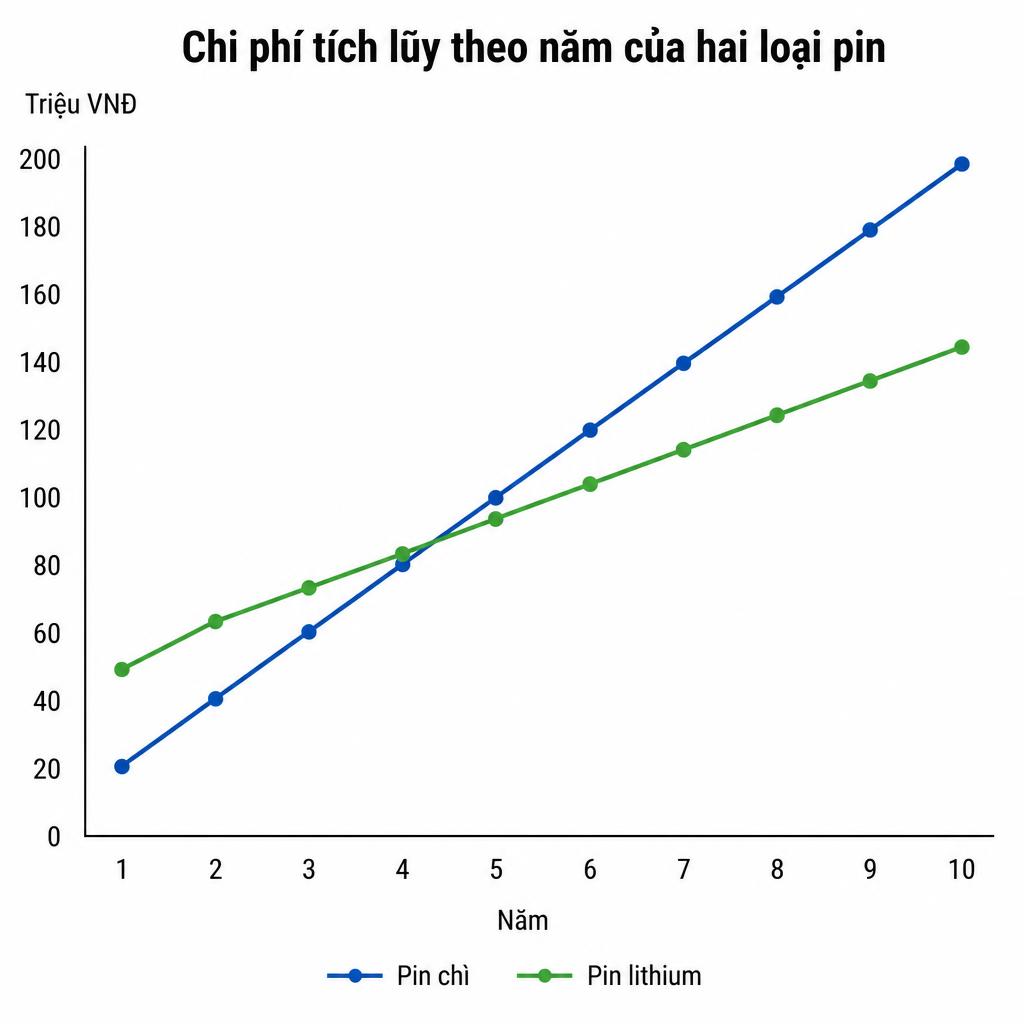 Biểu đồ đường (line chart) thể hiện chi phí tích lũy theo năm của hai loại pin, đường pin chì và đường pin lithium giao nhau tại điểm hòa vốn năm thứ 3–4, trục X là năm 1–10, trục Y là triệu VNĐ, nền trắng sạch