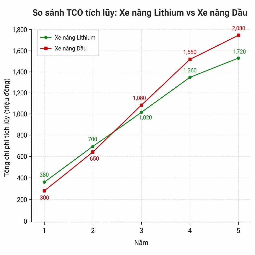 Biểu đồ đường so sánh TCO tích lũy theo năm giữa xe nâng lithium và xe nâng dầu, trục X là năm 1–5, trục Y là tổng chi phí tích lũy (triệu đồng), hai đường cắt nhau ở năm 2–3