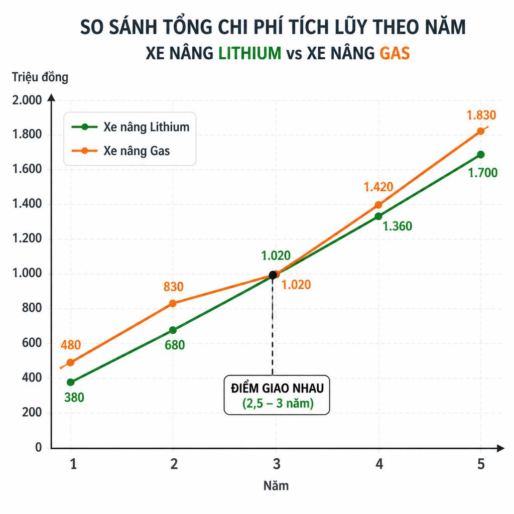 Biểu đồ đường so sánh tổng chi phí tích lũy theo năm (năm 1 đến 5) giữa xe nâng lithium và xe nâng gas, trục Y là triệu đồng, điểm giao nhau rõ ràng ở năm 2,5-3