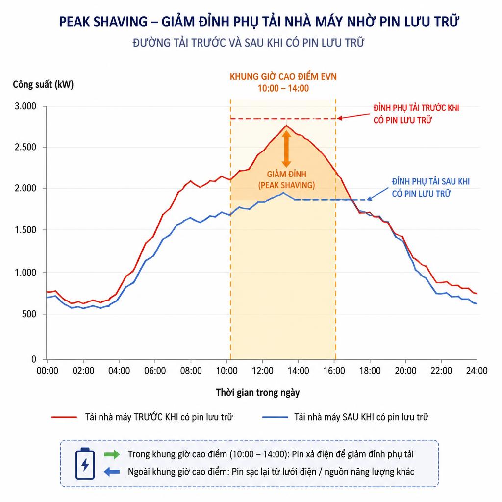 Biểu đồ peak shaving thể hiện đường tải nhà máy trước và sau khi có pin lưu trữ, hai đường chồng lên nhau trong khung giờ cao điểm EVN