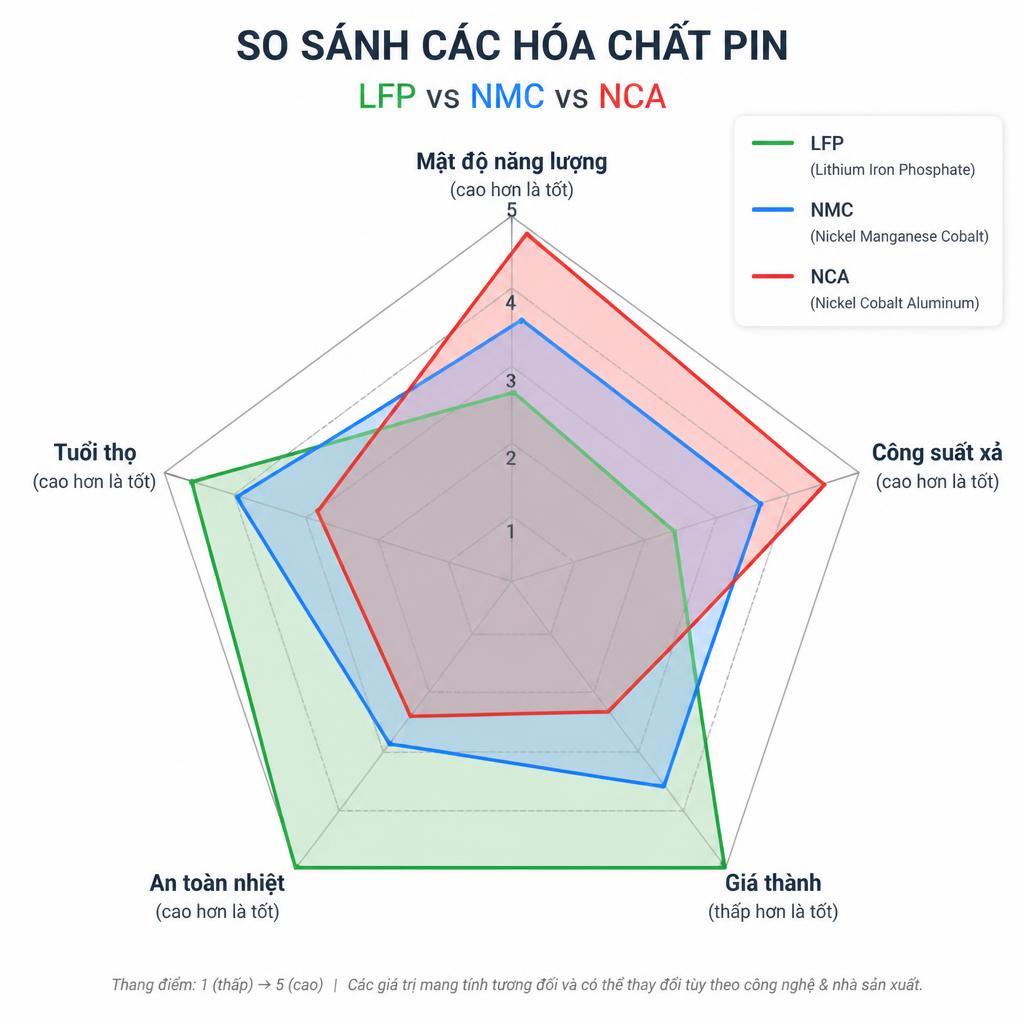 Biểu đồ radar so sánh 5 tiêu chí LFP vs NMC vs NCA: mật độ năng lượng, tuổi thọ, an toàn nhiệt, giá thành, công suất xả