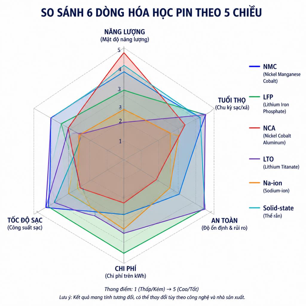 Biểu đồ radar so sánh 6 dòng hóa học theo 5 chiều: năng lượng, tuổi thọ, an toàn, chi phí, tốc độ sạc