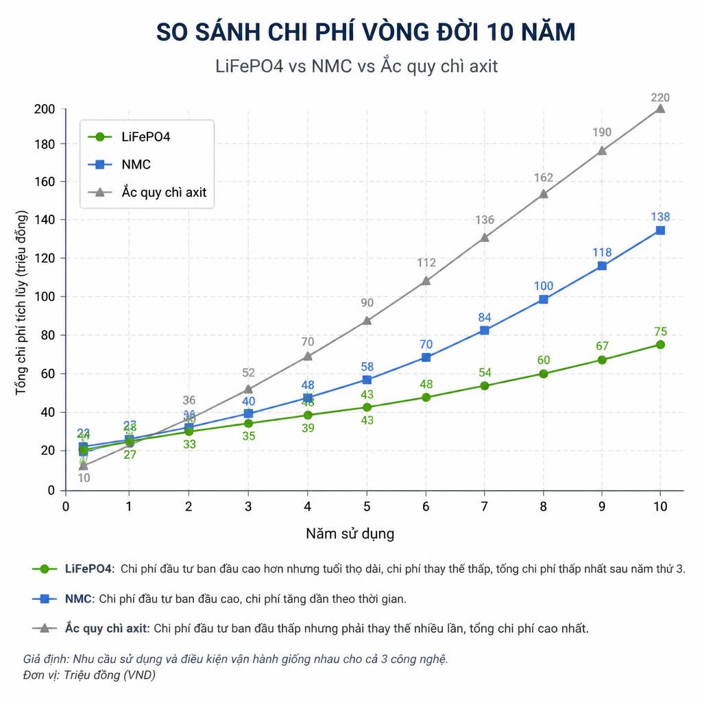Biểu đồ so sánh chi phí vòng đời 10 năm giữa LiFePO4, NMC và ắc quy chì axit, trục X là năm sử dụng, trục Y là tổng chi phí tích lũy (triệu đồng), đường LiFePO4 dốc thấp nhất sau năm thứ 3