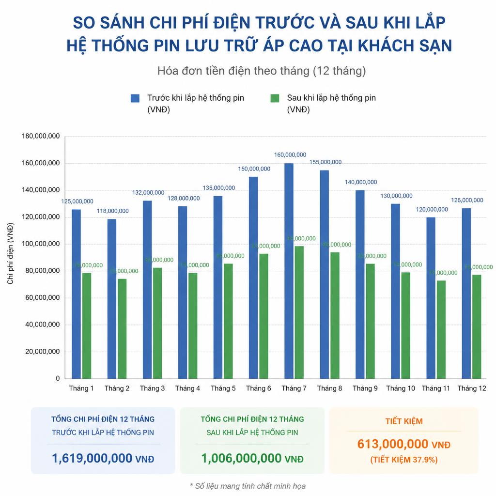 Biểu đồ so sánh chi phí điện hàng tháng trước và sau khi lắp pin lưu trữ áp cao cho resort 80 phòng, dạng bar chart rõ ràng