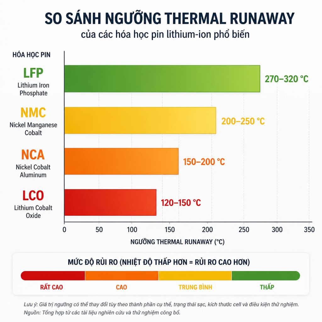 Biểu đồ so sánh ngưỡng thermal runaway của LFP, NMC, NCA và LCO, dạng cột ngang với màu sắc phân cấp rủi ro