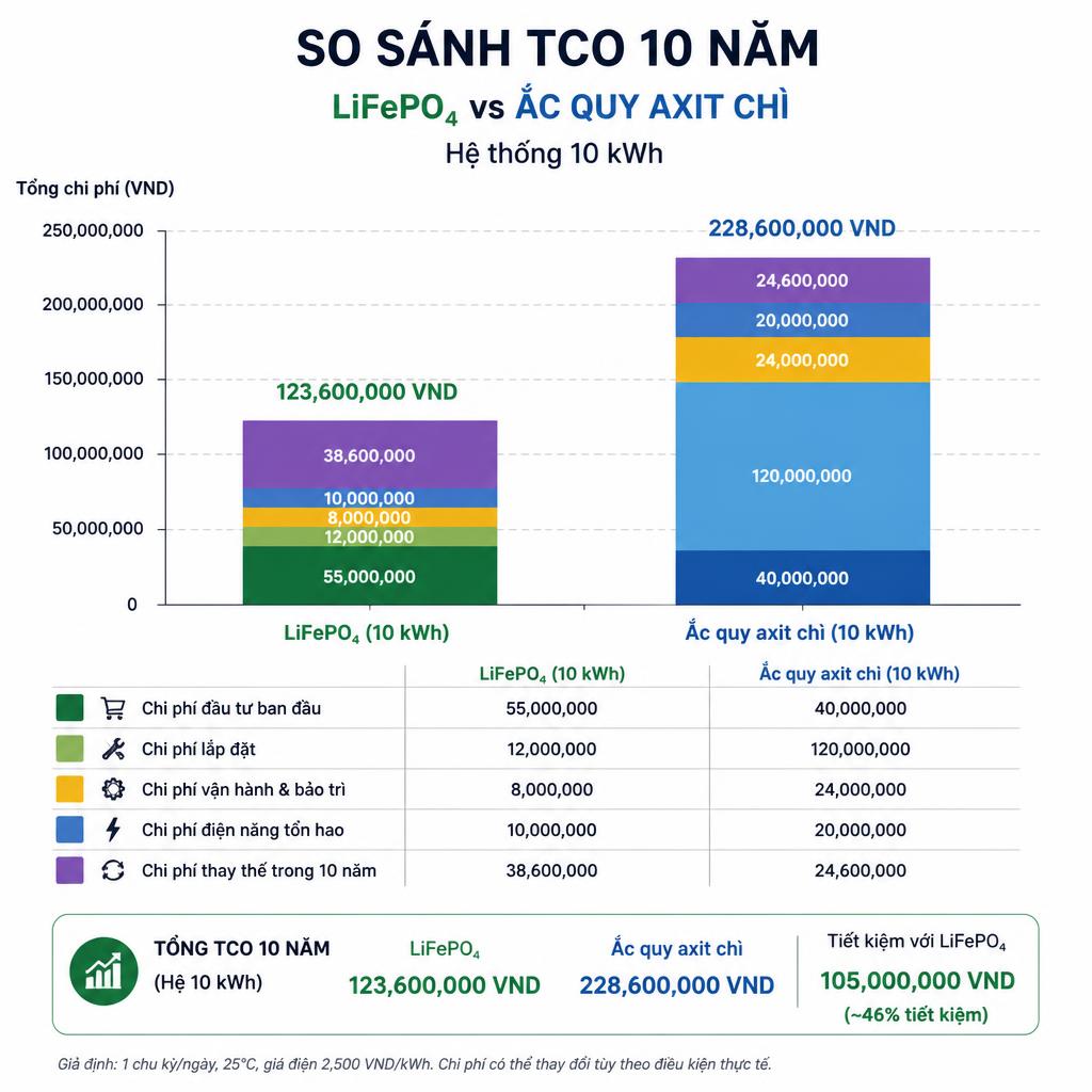 Biểu đồ so sánh TCO 10 năm giữa LiFePO4 và ắc quy axit chì cho hệ 10 kWh