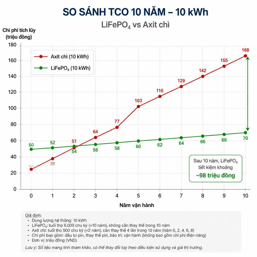 Biểu đồ so sánh TCO 10 năm giữa pack LiFePO4 và axit chì 10 kWh, trục X là năm vận hành, trục Y là chi phí tích lũy tính bằng triệu đồng
