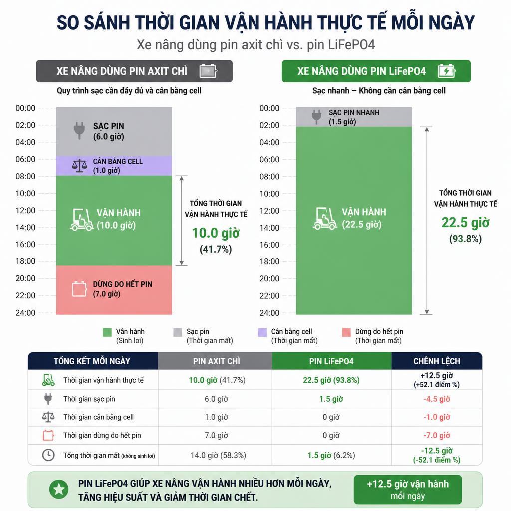 Biểu đồ so sánh thời gian vận hành thực tế mỗi ngày giữa xe nâng dùng pin axit chì và pin LiFePO4, thể hiện khoảng thời gian bị mất do sạc và cân bằng cell