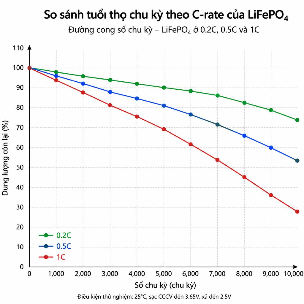 Biểu đồ so sánh tuổi thọ chu kỳ theo C-rate, đường cong số chu kỳ của LiFePO4 ở 0.2C, 0.5C và 1C, trục X là số chu kỳ, trục Y là dung lượng còn lại (%), nền trắng, nhãn tiếng Việt