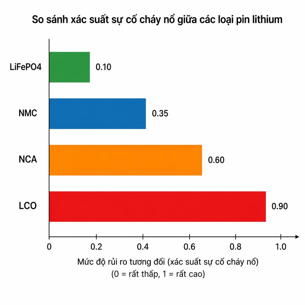 Biểu đồ so sánh xác suất sự cố cháy nổ giữa các loại pin lithium (LiFePO4, NMC, NCA, LCO), dạng bar chart ngang, nền trắng, trục x là mức độ rủi ro tương đối