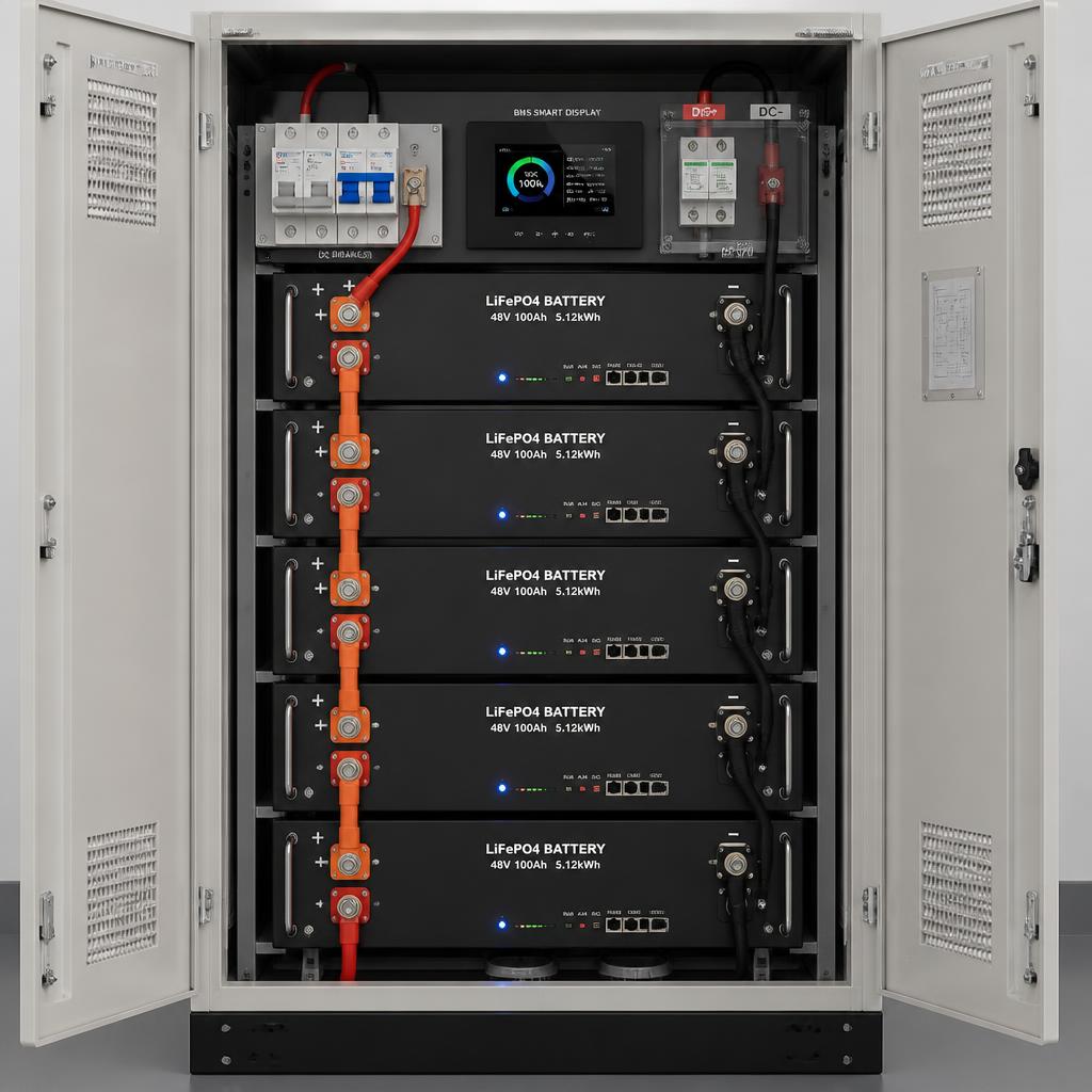 Bộ pin lưu trữ LiFePO4 48V lắp đặt trong tủ kỹ thuật, chụp toàn cảnh từ phía trước, thể hiện đầu cực, dây kết nối và màn hình BMS