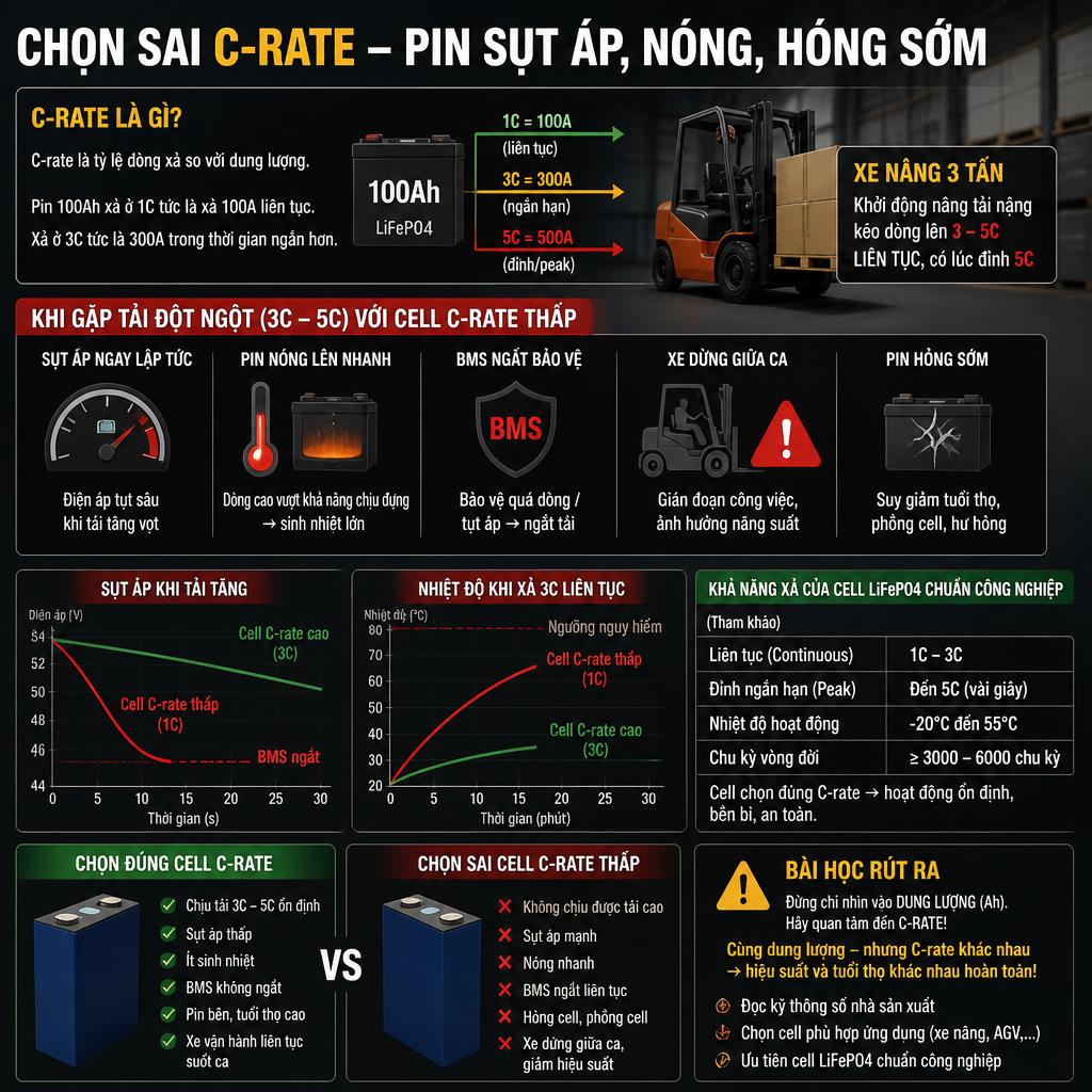 Chọn sai C-rate, xe nâng chết giữa ca làm việc.