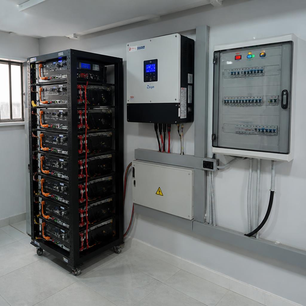 Các mô-đun pin lưu trữ LiFePO4 xếp thành rack trong phòng kỹ thuật, kèm inverter hybrid và bảng điện, chụp thực tế tại công trình lắp đặt