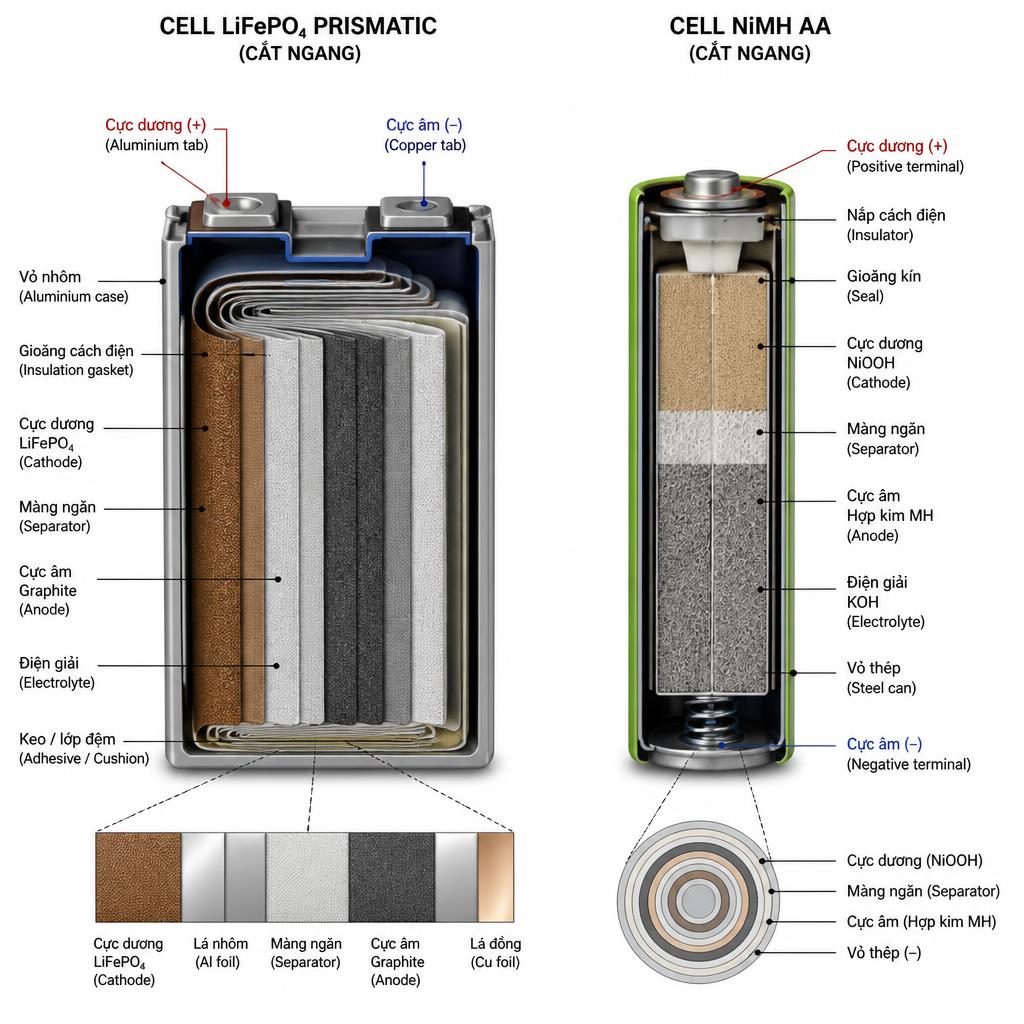Cấu trúc cell pin LiFePO4 prismatic và cell NiMH AA cắt ngang, chú thích các thành phần điện cực