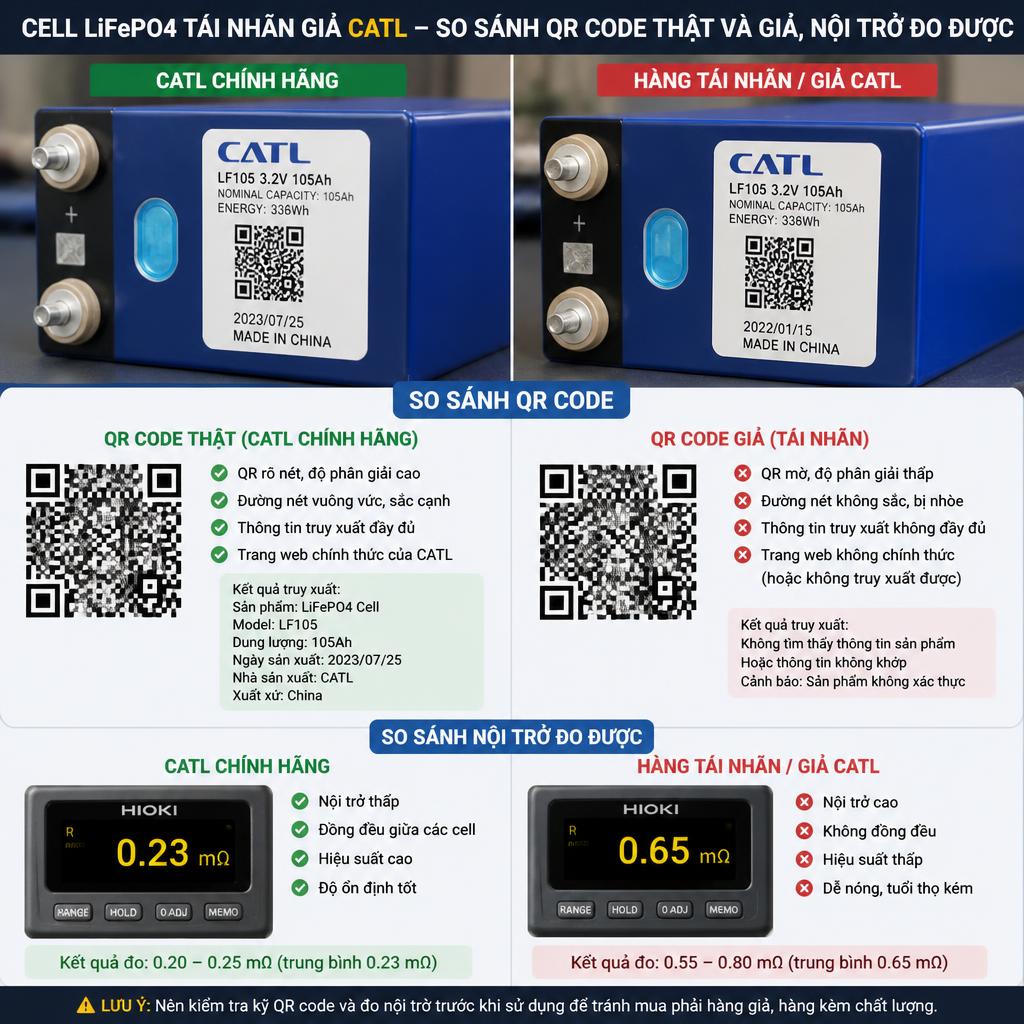 Cell LiFePO4 tái nhãn giả CATL, so sánh QR code thật và giả, nội trở đo được