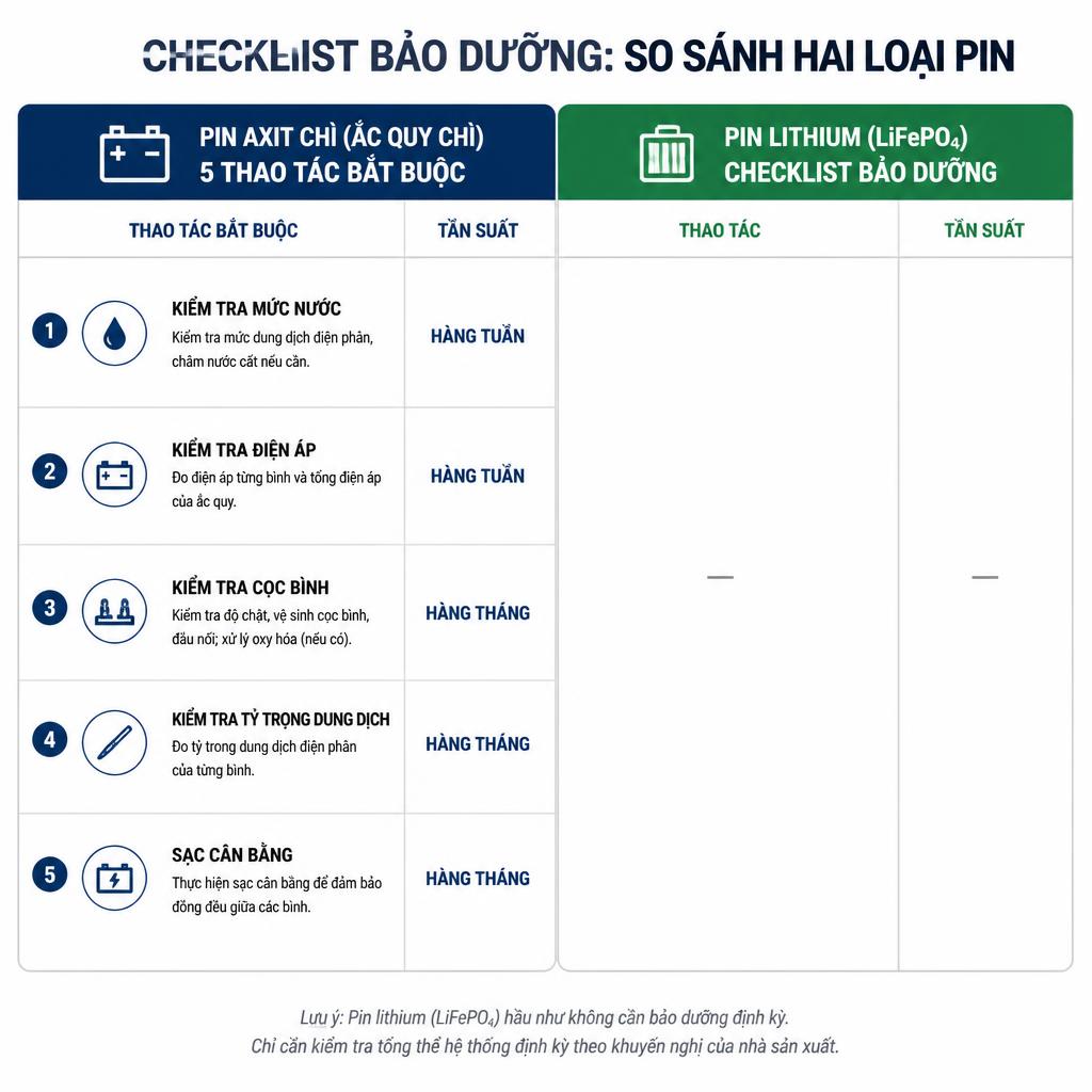 Checklist bảo dưỡng so sánh hai cột: bên trái là 5 thao tác bắt buộc của pin axit chì với tần suất, bên phải là checklist pin lithium gần như trống, thiết kế bảng rõ ràng, nền trắng