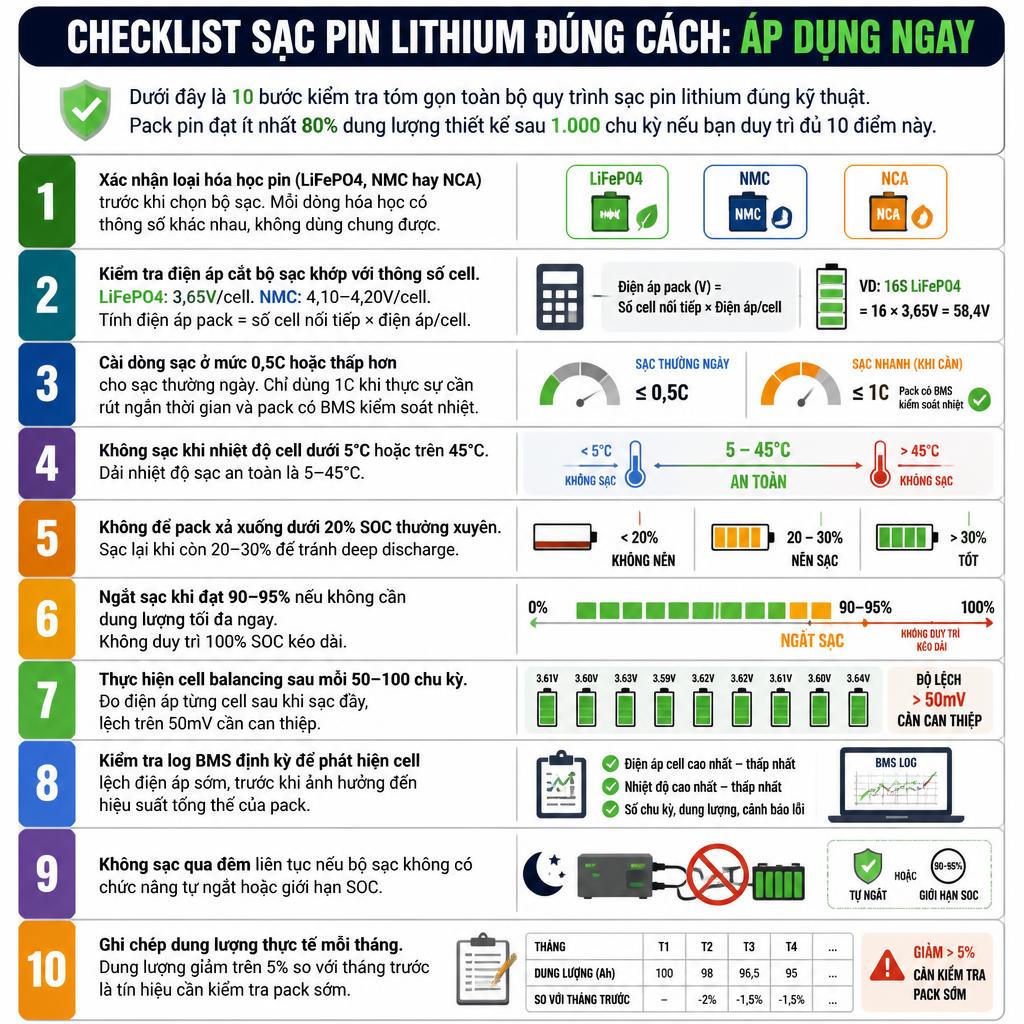 10 bước sạc pin lithium đúng cách, bảo vệ pin bền lâu