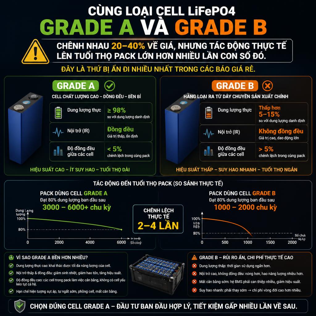 Cell grade A và B: chênh giá 20–40%, tuổi thọ pin khác biệt lớn hơn.