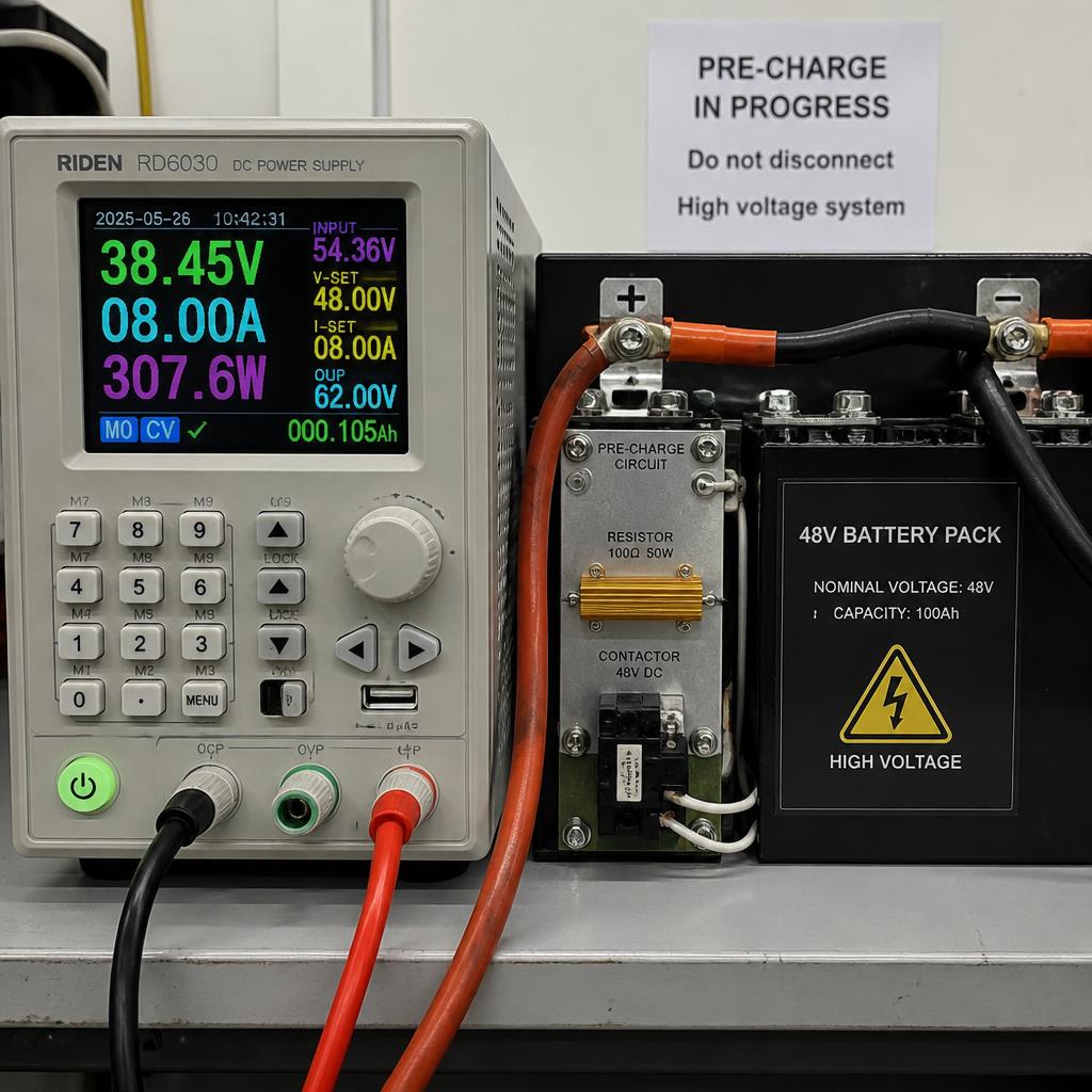DC power supply kết nối trực tiếp vào terminal pack pin 48V đang trong quá trình pre-charge, màn hình hiển thị dòng 8A và điện áp đang tăng dần từ 38V