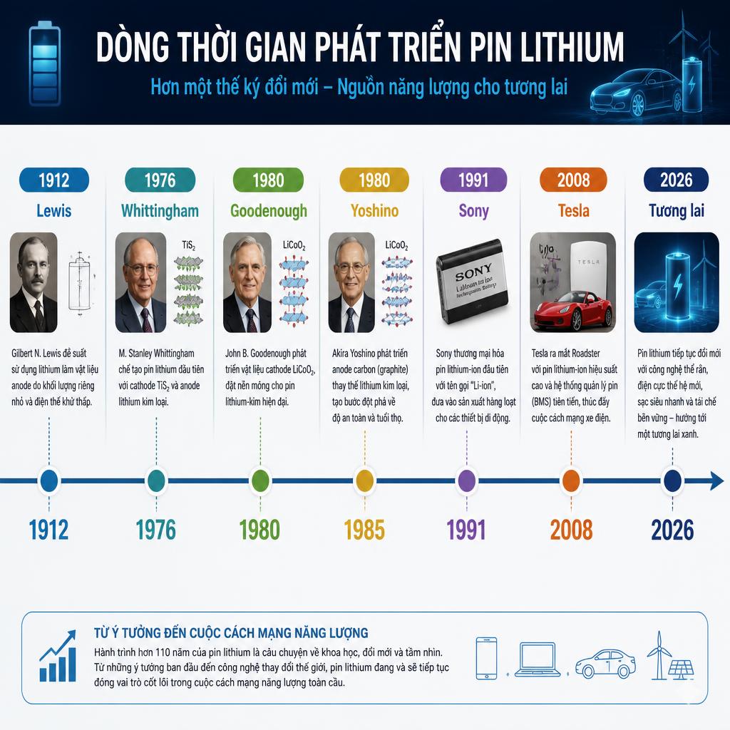 Dòng thời gian phát triển pin lithium từ 1912 đến 2026, hiển thị các mốc chính: Lewis, Whittingham, Goodenough, Yoshino, Sony 1991, Tesla 2008