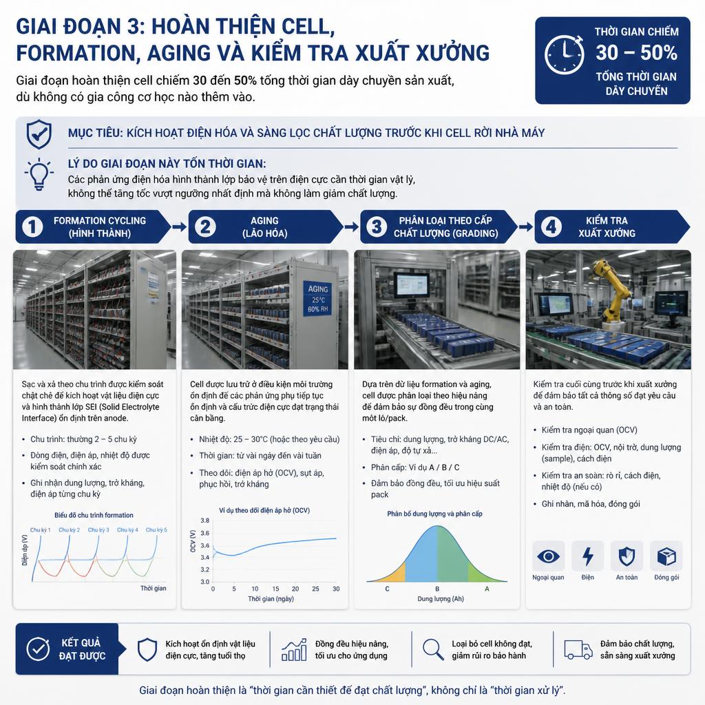 Hoàn thiện cell pin: formation, aging và kiểm tra xuất xưởng.