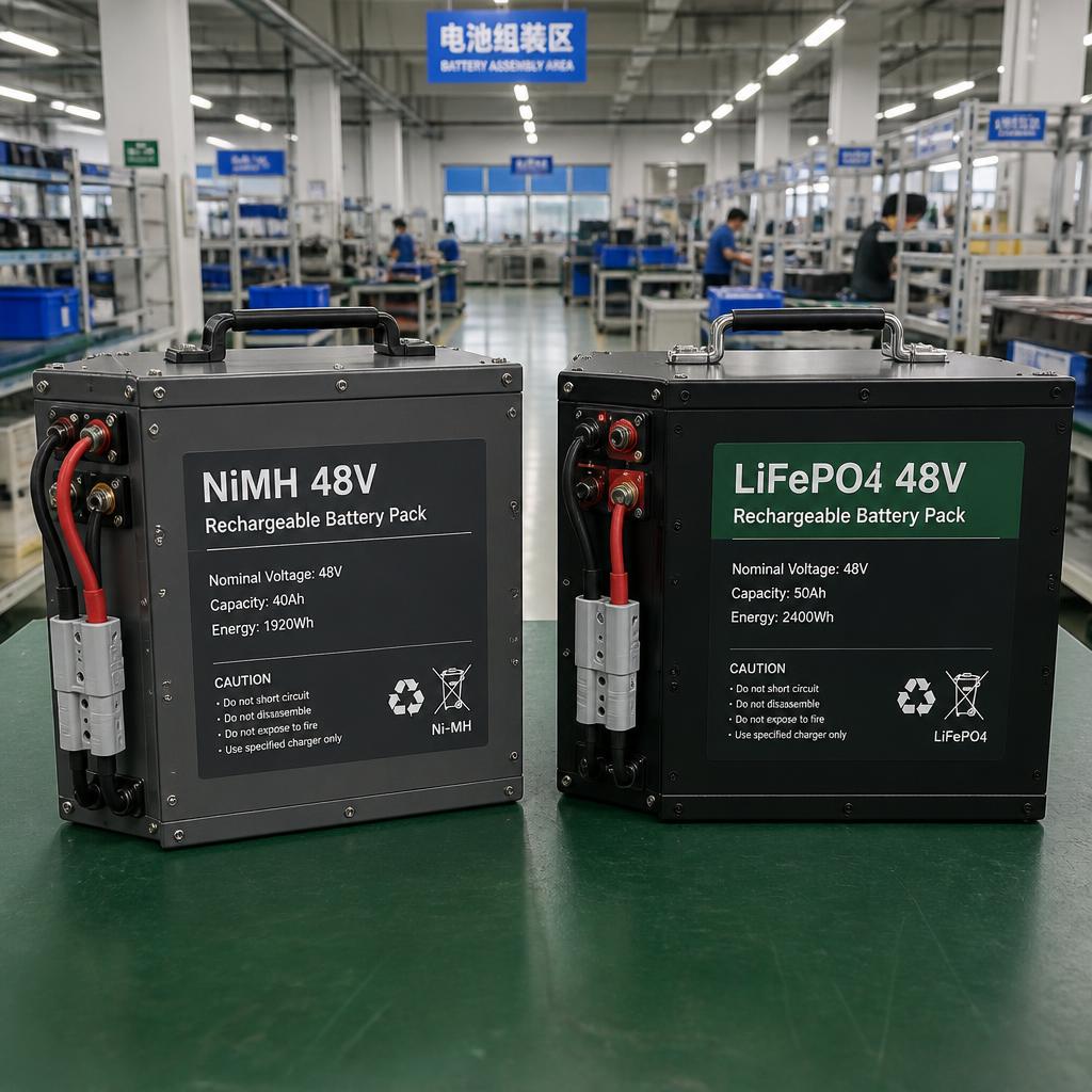 Hai pack pin đặt cạnh nhau, pack NiMH 48V bên trái và pack LiFePO4 48V bên phải, nền xưởng sản xuất