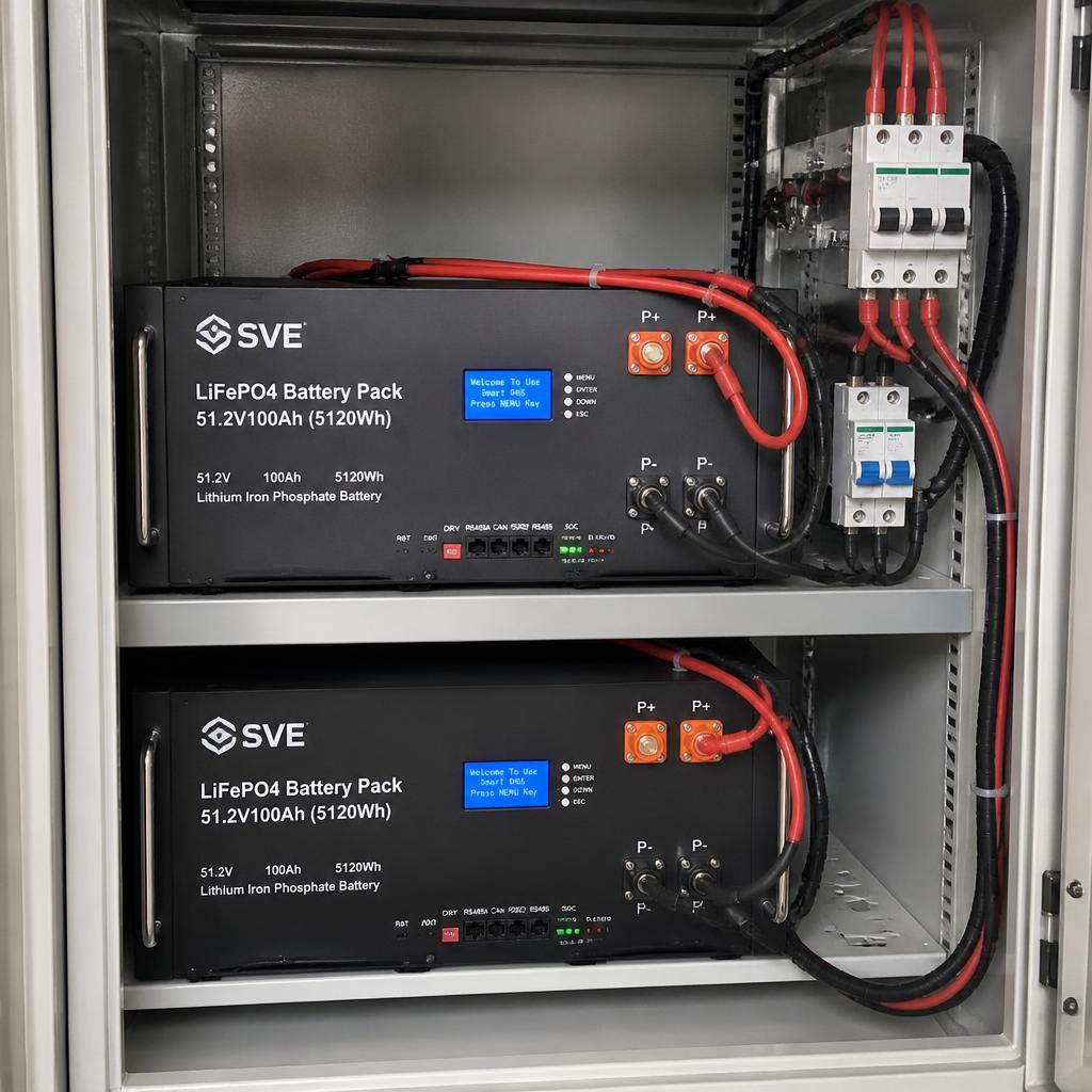 Hai pack pin LiFePO4 48V ghép song song trong tủ điện kho hàng, góc chụp thực tế, dây kết nối và BMS rõ ràng