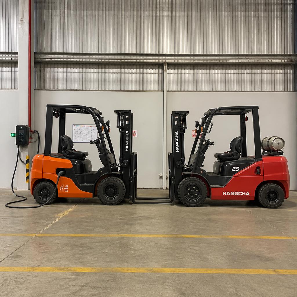 Hai xe nâng đặt song song trong kho, bên trái xe nâng điện lithium đang cắm sạc, bên phải xe nâng gas LPG với bình khí gắn phía sau, góc chụp ngang, ánh sáng kho thực tế