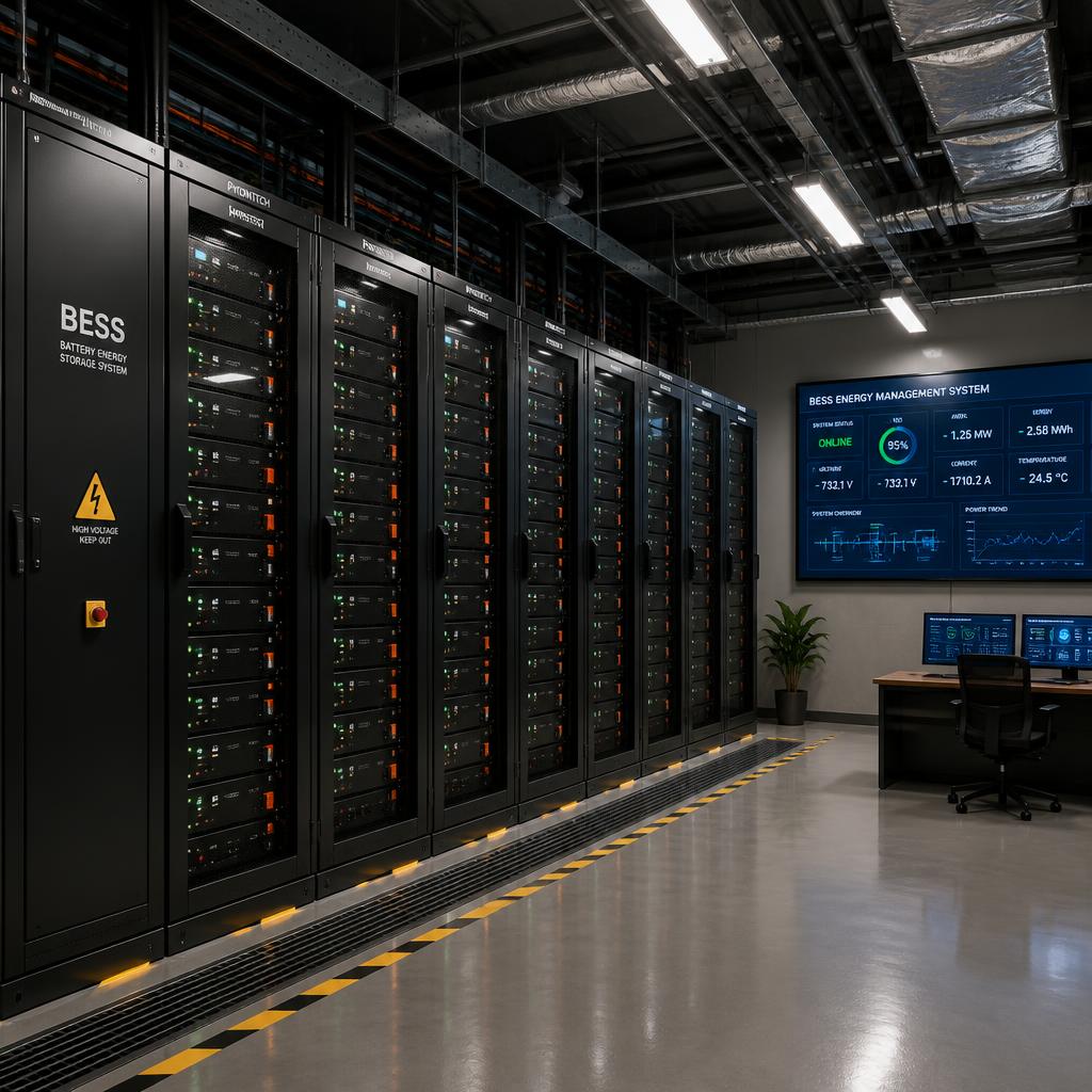 Hệ thống BESS quy mô lớn dạng rack modular lắp trong phòng kỹ thuật khách sạn 5 sao, góc chụp thể hiện nhiều tủ pin xếp thành dãy với màn hình giám sát trung tâm