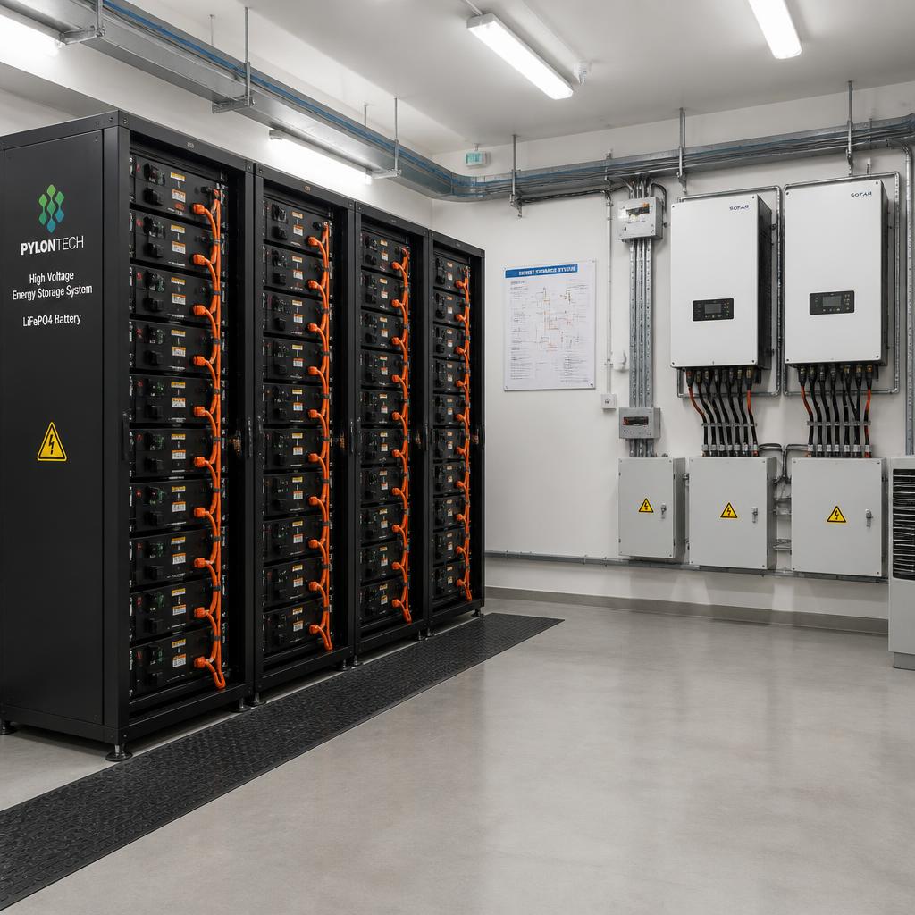 Hệ thống pin lưu trữ áp cao rack-mount lắp đặt trong phòng điện nhà máy công nghiệp, góc chụp toàn cảnh thể hiện nhiều rack ghép nối tiếp