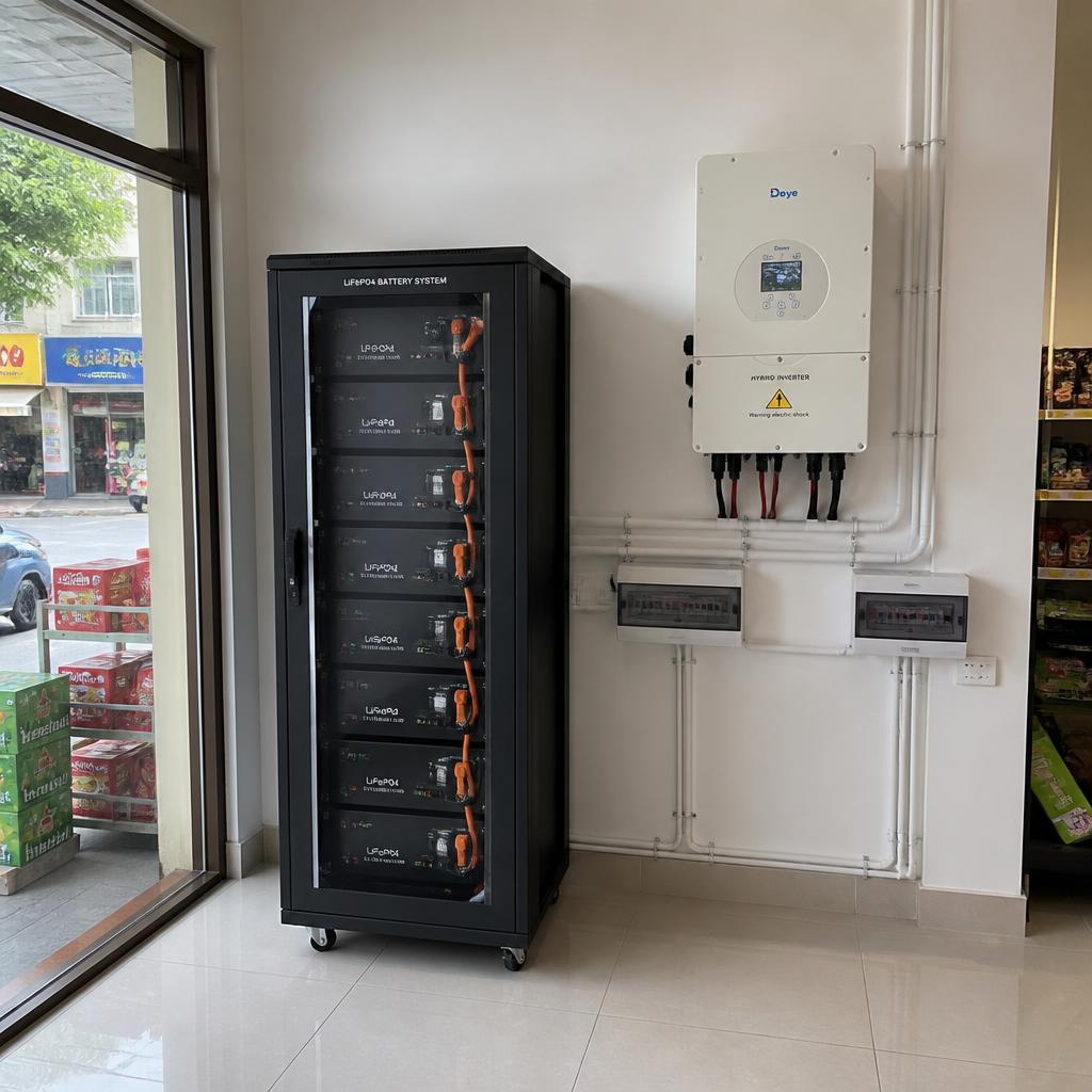 Hệ thống pin lưu trữ LiFePO4 lắp đặt tại cửa hàng kinh doanh, góc chụp toàn cảnh tủ pin và inverter hybrid gắn tường