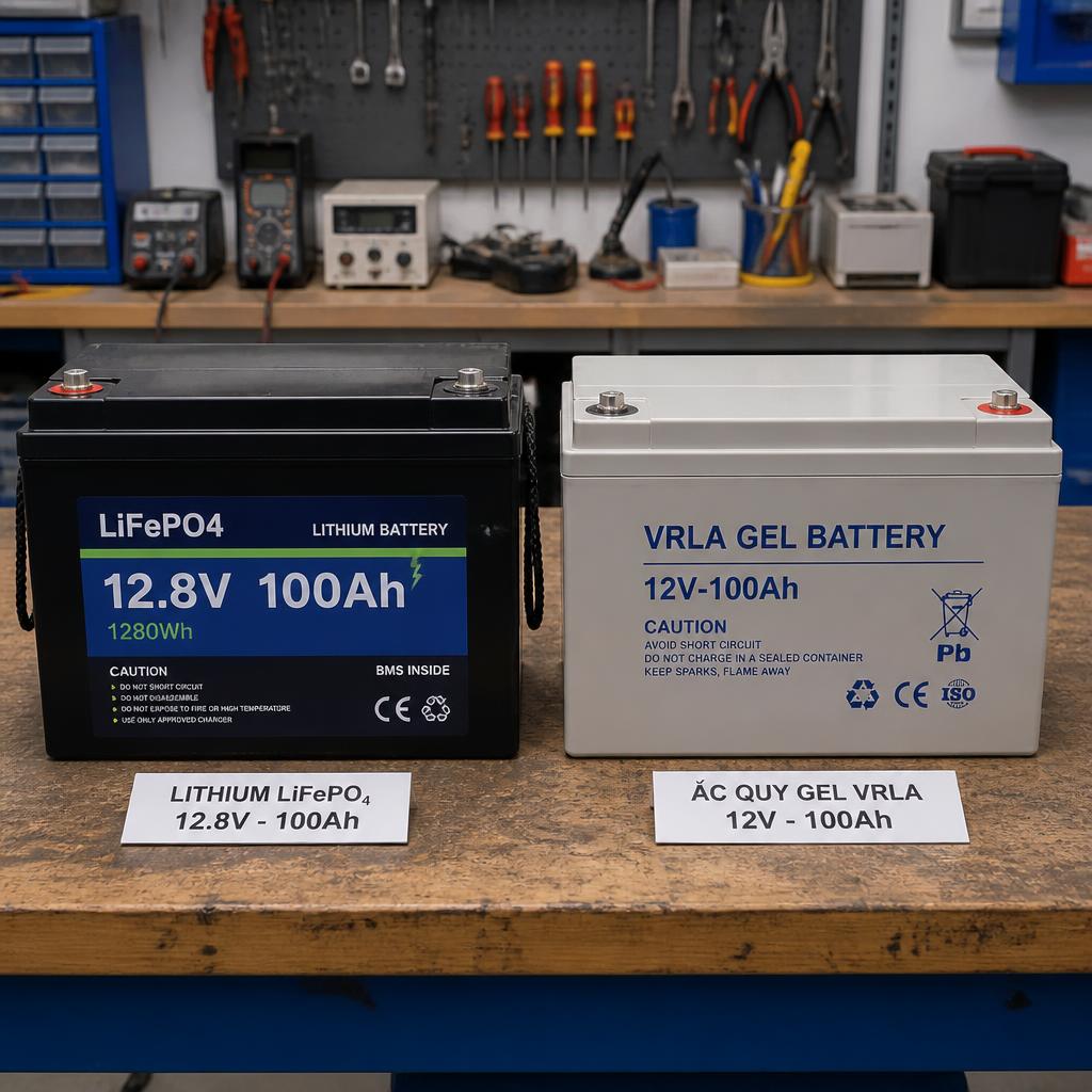 Hình chụp cạnh nhau một pack pin lithium LiFePO4 và một bộ ắc quy gel VRLA cùng dung lượng 100Ah/12V, đặt trên bàn kỹ thuật tại xưởng