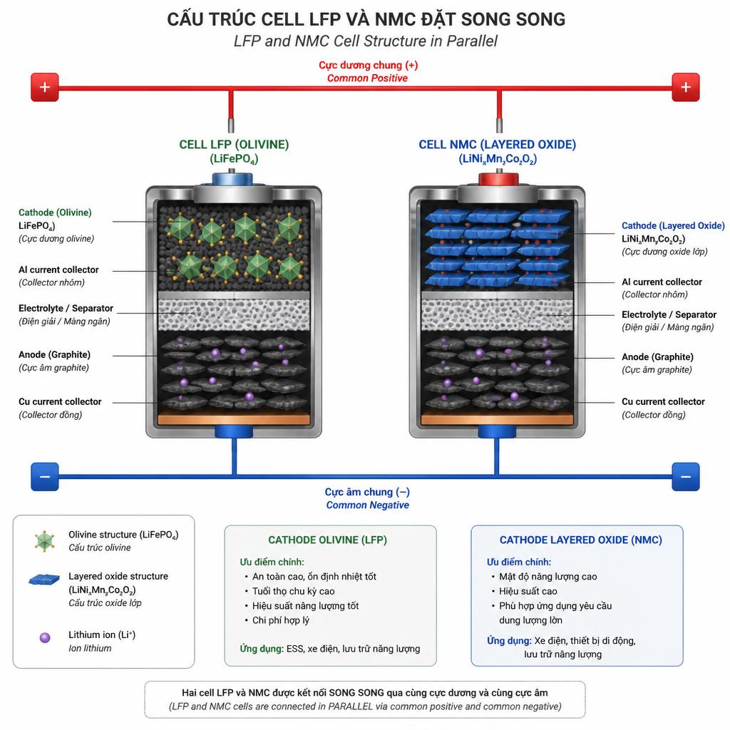 Hình minh họa cấu trúc cell LFP và NMC đặt song song, có nhãn chú thích cathode olivine vs layered oxide